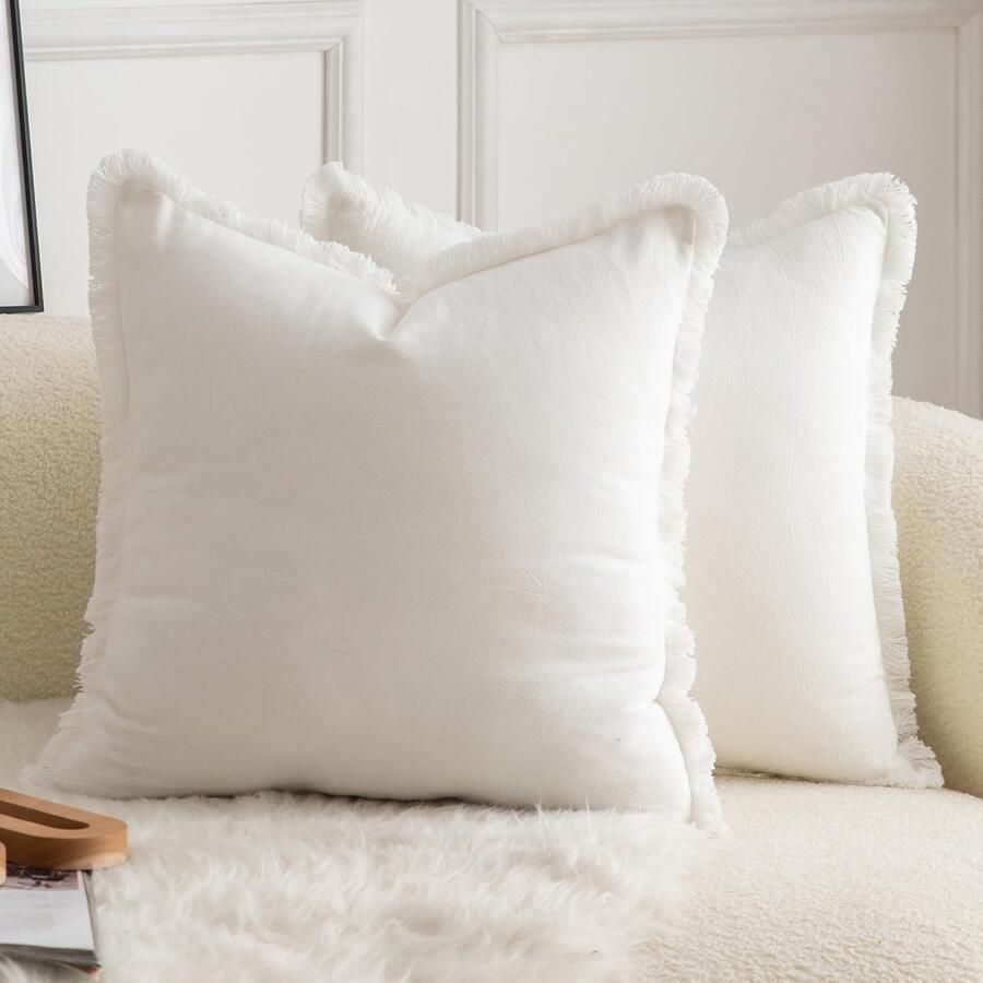 Mandioo Set van 2 neutrale katoenen kussenhoezen met kwastjes 40 x 40 cm decoratieve kussenhoezen sierkussens boho bankkussens kussensloop voor bank sofa slaapkamer woonkamer woondecoratie crèmewit