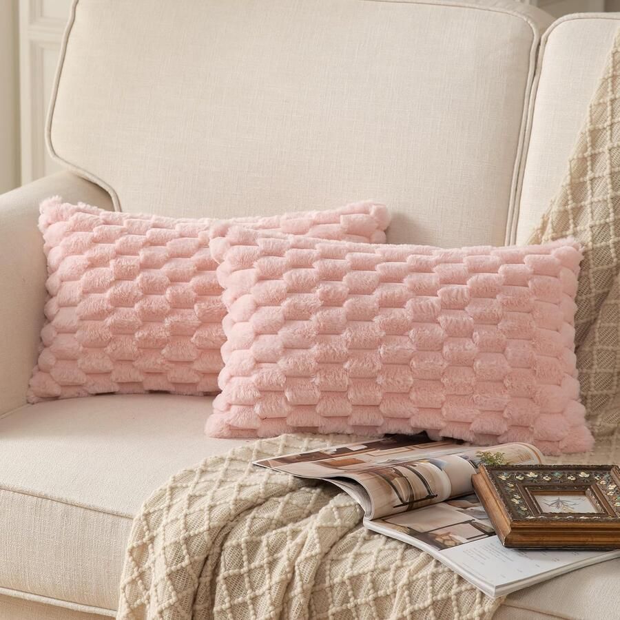 Mandioo Set van 2 roze superzachte decoratieve pluche kussenhoezen 30 x 50 cm wollen fluwelen kussenslopen kussenhoes bankkussen decoratief kussen pluizig voor bank slaapbank woonkamer