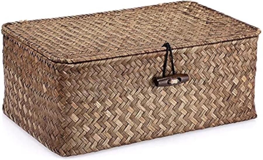 Mandje zeegras opbergen vierkant voor op tafel geweven met deksel voor de badkamer organizer voor op de plank of het bureau decoratief multifunctioneel (koffie S)