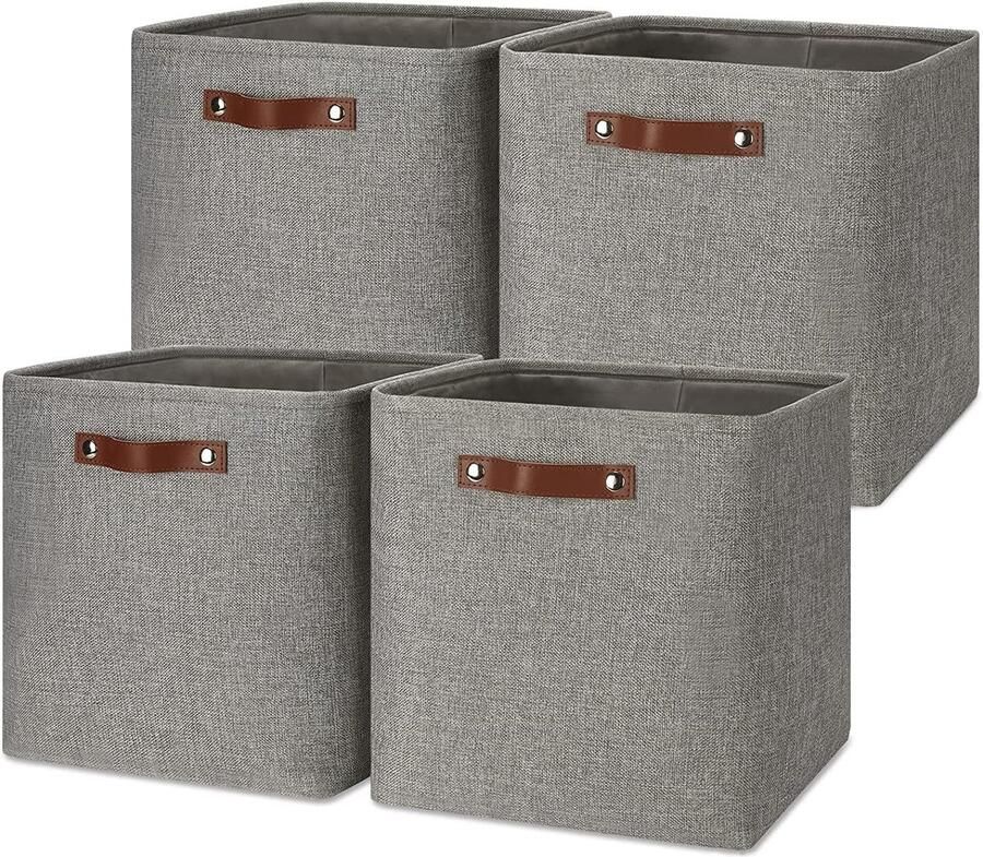 Mangata Foldable Storage Cube Boxes Linen Woven Fabric Storage Baskets Cube Cabinet Organizer with Leather Handles (Grey)