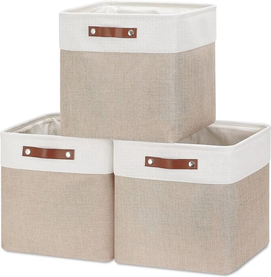 Mangata Foldable Storage Cube Boxes Linen Woven Fabric Storage Baskets Cube Cabinet Organizer with Leather Handles (Light Khaki & White)