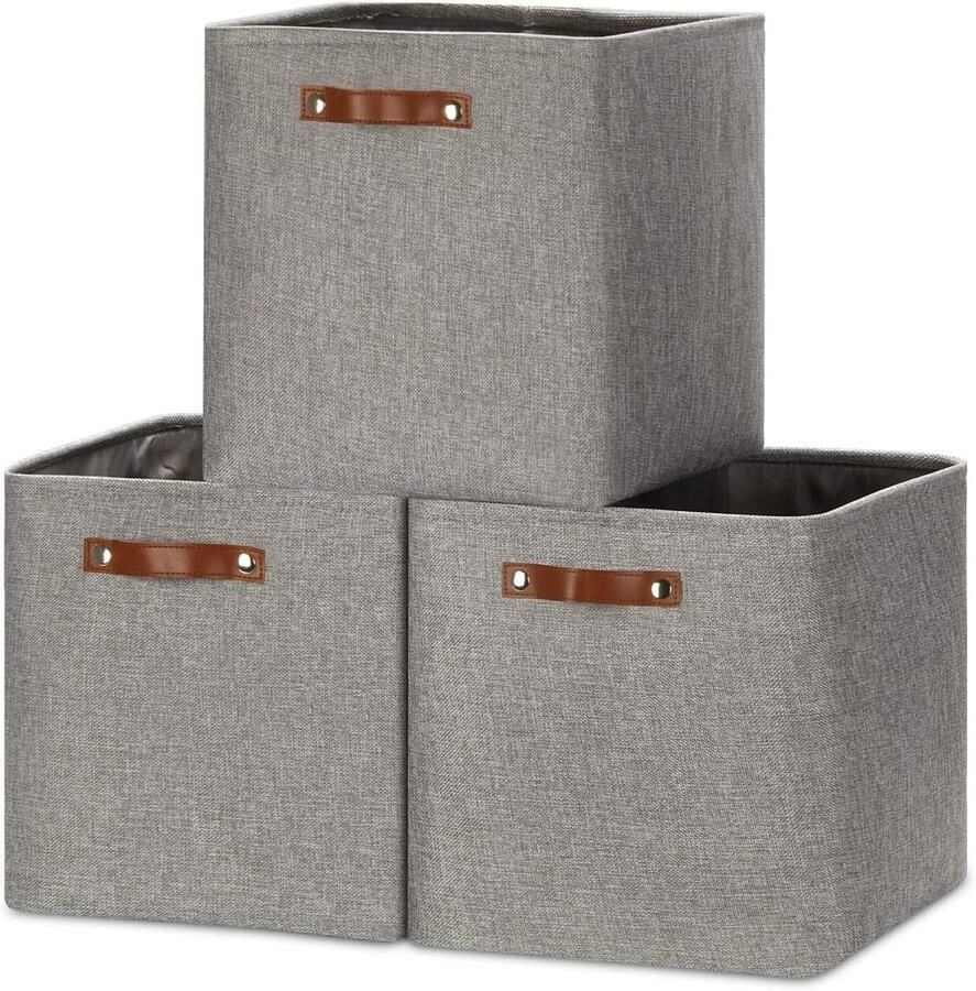 MANGATA Foldable Storage Cube Boxes Linen Woven Fabric Storage Baskets Cube Cabinet Organizer with Leather Handles (Grey)