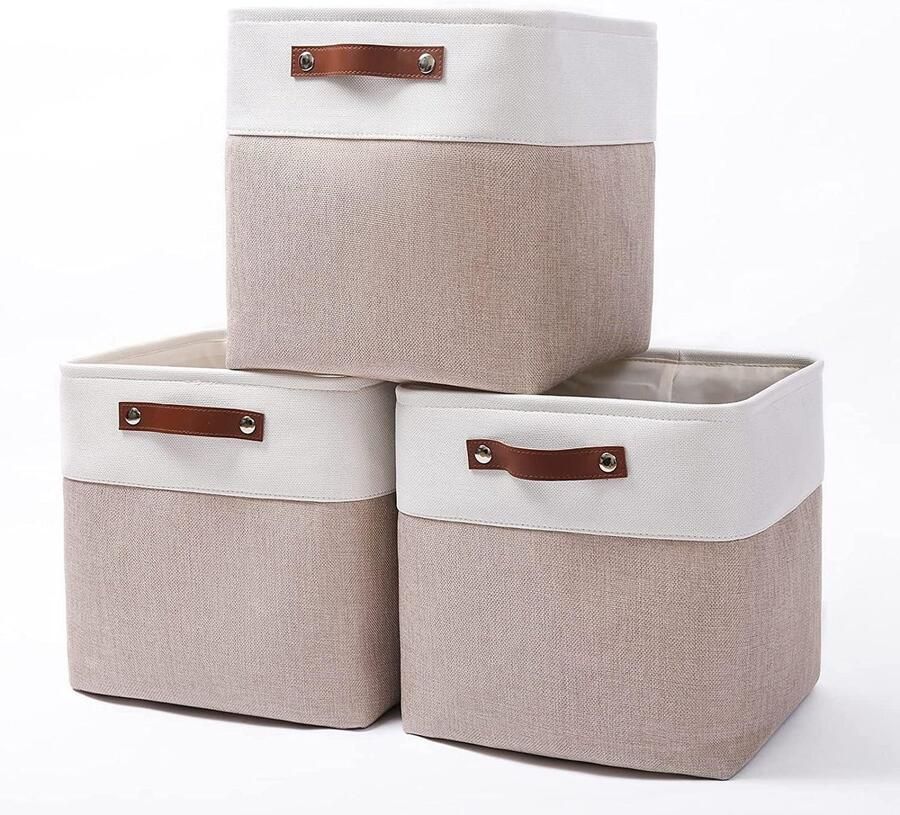 Mangata Foldable Storage Cube Boxes Linen Woven Fabric Storage Baskets Cube Cabinet Organizer with Leather Handles (Light Khaki & White)