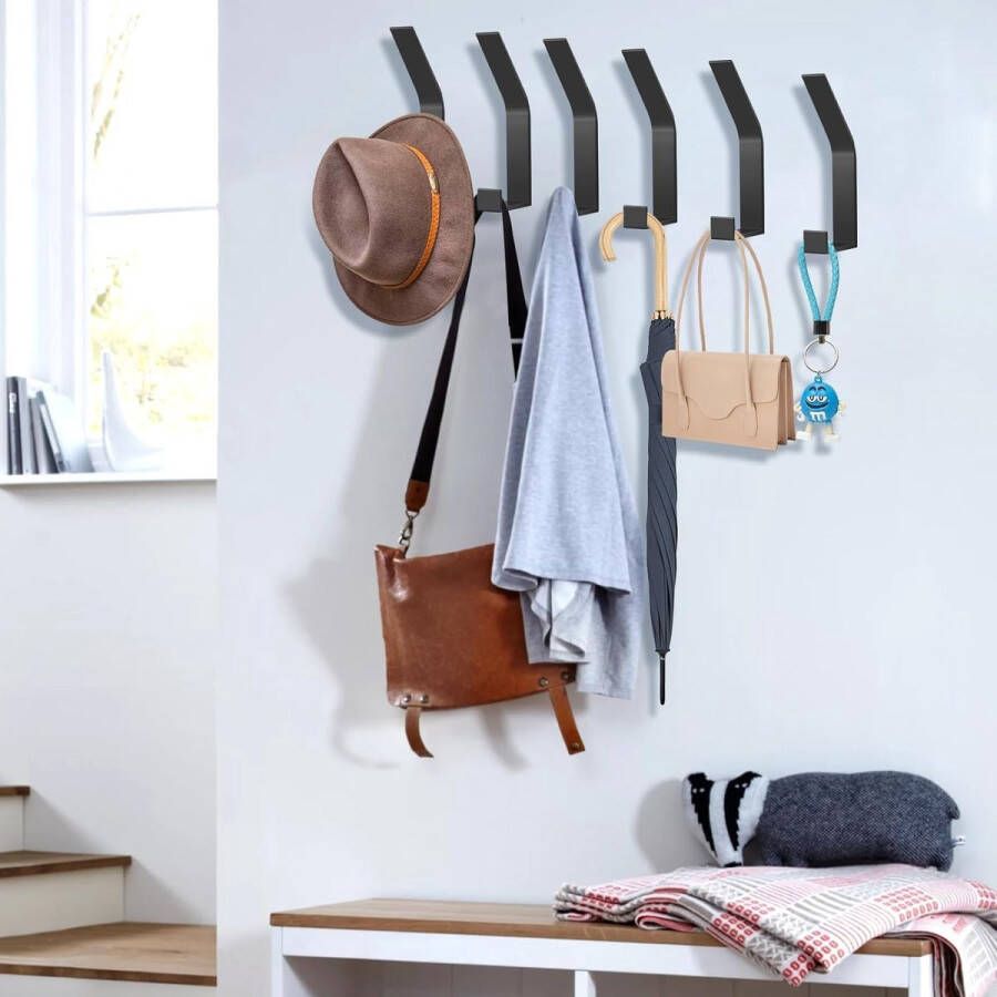 Mantelhaken 6 stuks handdoekhaken om te boren haken voor mantel muur moderne coat-bar voor jassen mantels kleding sjaals tassen en nog veel meer zwart