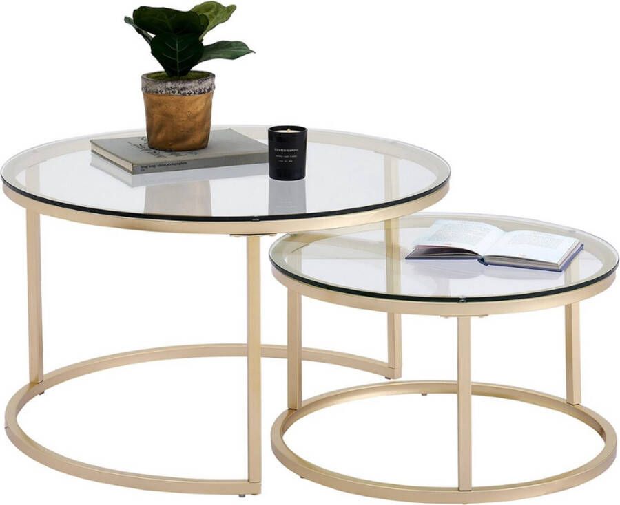 Manzibo Moderne Salontafel Set van 2 Koffietafel Bijzettafel 2 Stuks Rond Salontafels Glas Goud 80 en 60 CM