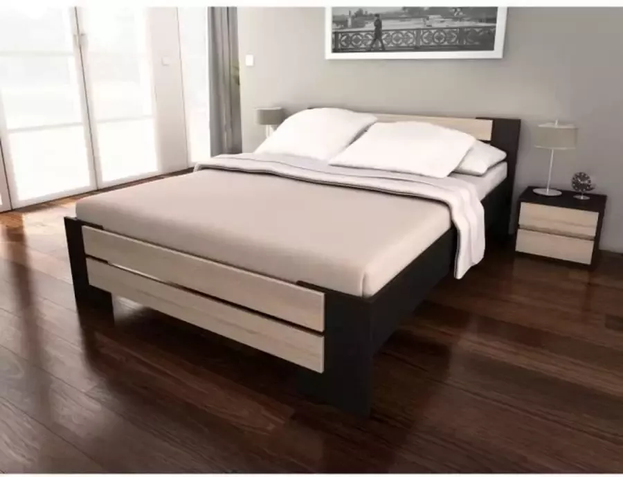 MAO Modern bed voor volwassenen in zwart melamine en licht eiken decor L 140 x L 190 cm