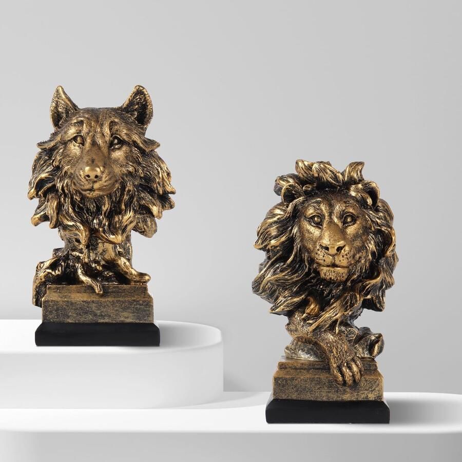 Maozyiltle Gouden Leeuw Wolf Standbeeld Sculptuur Hars Verzamelfiguren voor Thuis Boekenplank Woonkamer Tafel Bureau 2 stuks (Leeuw en Wolf)