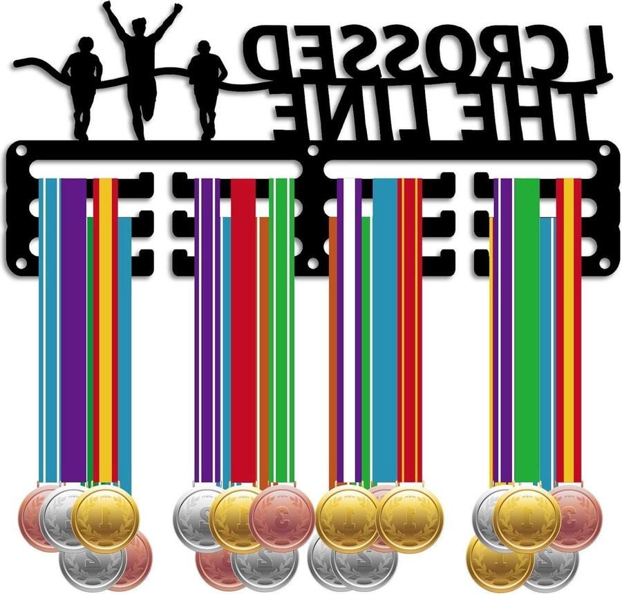 Marathon Medaillehouder Display Kleine Sport Race Wandrek Frame Metalen Ijzer Zwart Opknoping Awards Mount Decor Lint Organizer voor Atleet 11.4x5.1Inch-I Crossed