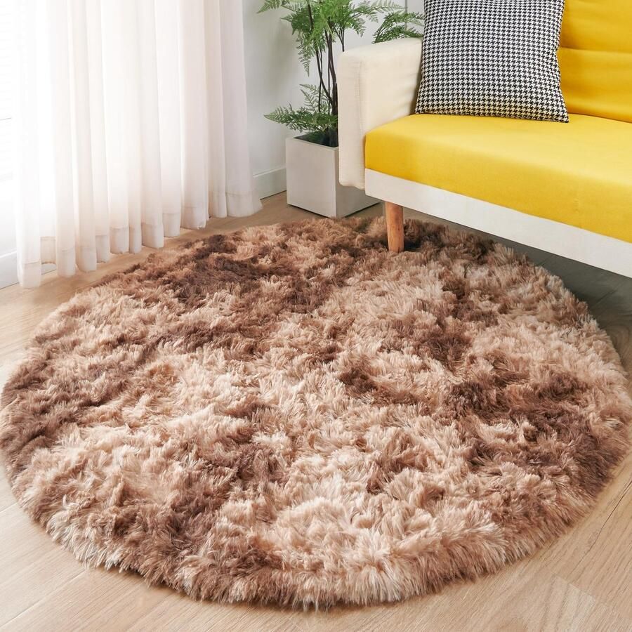 MARATIP Pluche Rond Tapijt Fluffy Rond Tapijt Moderne Woonkamer Kinderen Meisjes Zacht en Fluffy Tapijt voor de Slaapkamer Woonkamer Kinderkamer (Bruin Ø 120 cm Rond)
