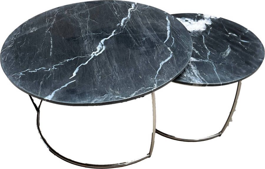 Marble Living Salontafel Set van 2 Zwart (Black) Marmer Look Ø75 Ø 60 Bijzettafel Tafel Rond Woonkamer Tafel Decoratie Tafel Salon Tafel Wandtafel Koffietafel Zilveren Metalen Frame