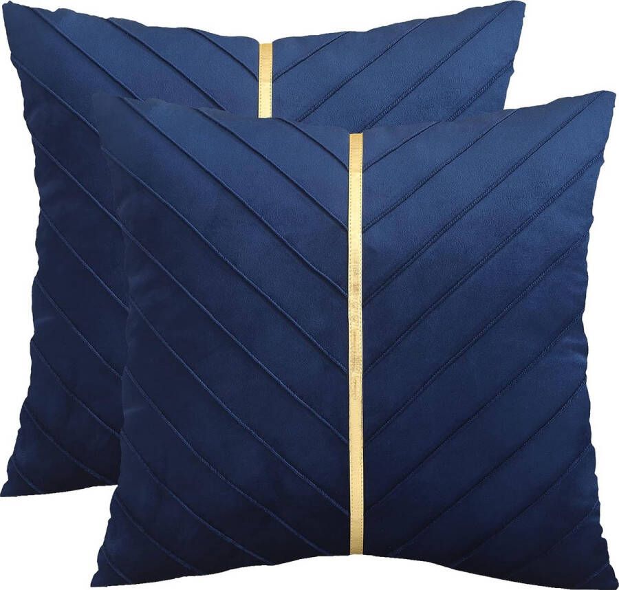 Marineblauwe fluwelen kussenhoezen 45 x 45 cm 2 stuks decoratieve bank luxe moderne kussenhoezen voor woonkamer slaapkamer bankkussen bed met goudkleurig leer