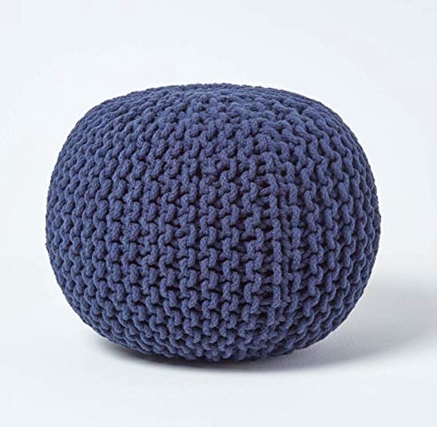 Marineblauwe Gebreide Poef Voetbank van 100% Katoen – Ideaal voor Woonkamer Kinderen en Ouderen