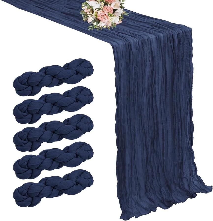 Marineblauwe tafelloper van kaasdoek 3 m lang rustieke tafelloper van gaas voor bruiloft bruiloftsboog feestdecoratie set van 5 stuks Afmetingen 90 x 300 cm