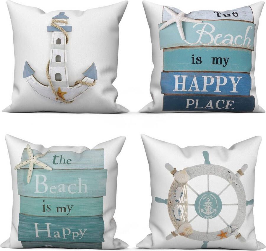 Maritim Kussensloop 40 x 40 cm set van 4 stuks maritiem anker zeekompas zandstrand wit bank sierkussen kussenhoes wasbaar polyester linnen textiel bekleding hoofdkussensloop overtrek