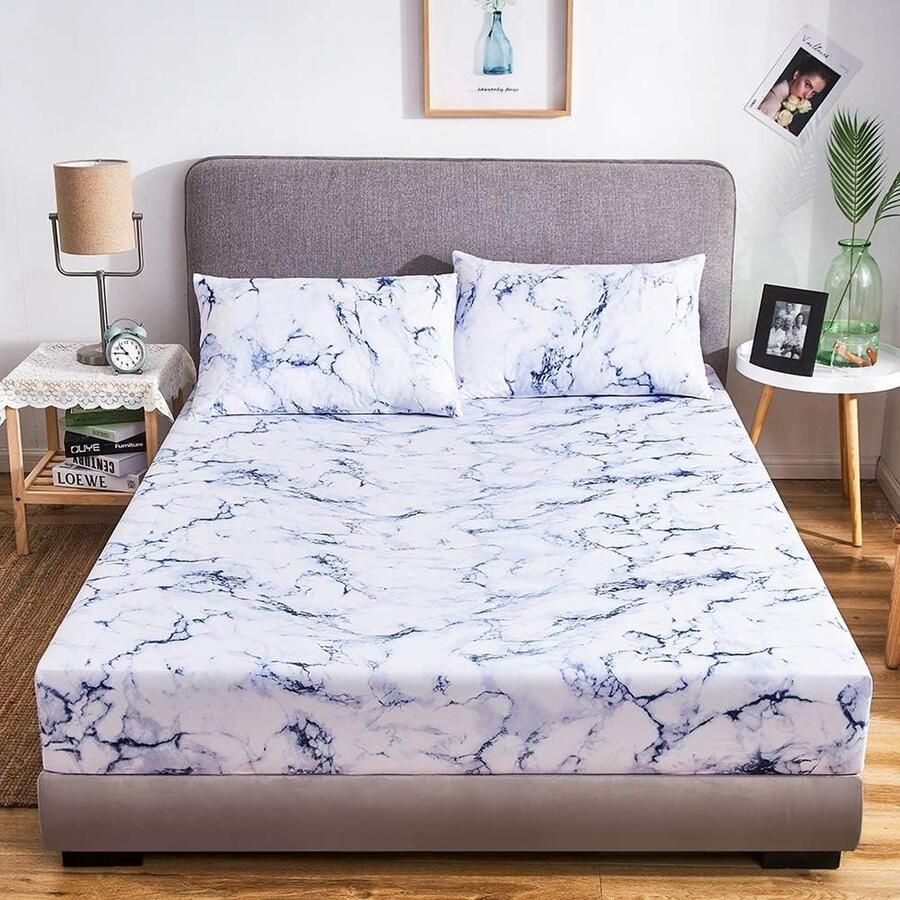 Hoeslaken 180 x 200 cm – Blauw Wit Marmerpatroon – Zachte Microvezel – Geschikt voor Matrassen tot 30 cm – Modern & Luxe Design