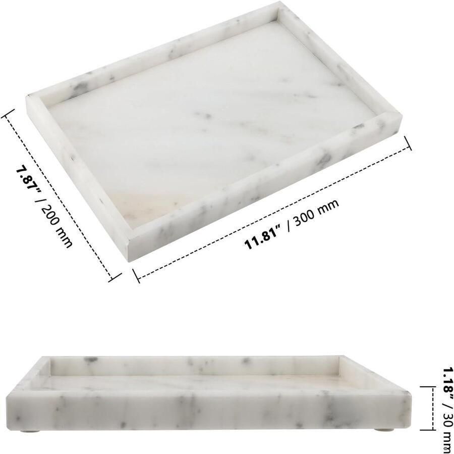 Allecto Plus Dienblad van natuurlijk marmer 30 x 20 cm rechthoekig Opbergvak voor toilettanks Decoratief voor salontafel en werkblad