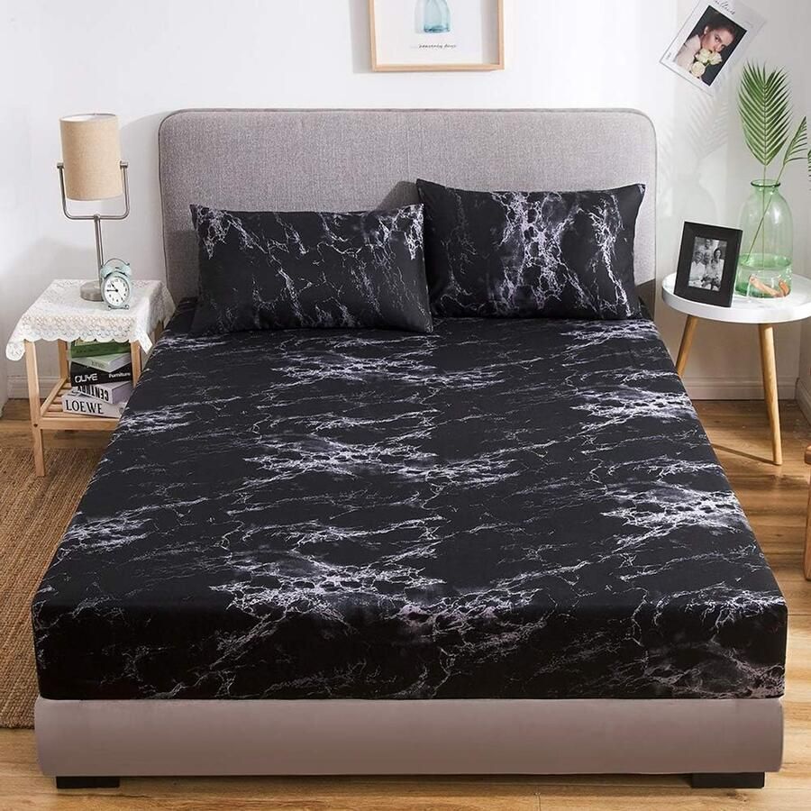 Furnibella Marmer Hoeslaken 160 x 200 cm – Zwart Wit Patroon – Zachte Microvezel – Geschikt voor Matrassen tot 30 cm – Luxe Boxspring Laken