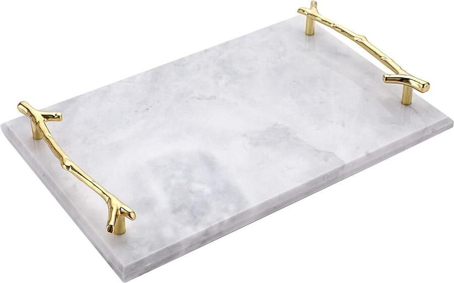 Rechthoekig marmeren dienblad met bladgrepen voor salontafel woonkamer keuken opbergen toiletartikelen sieraden taarten grijs