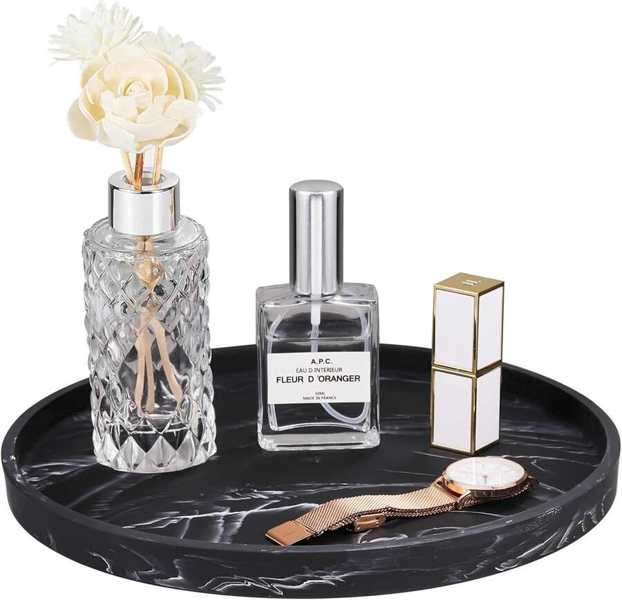 Marmeren ronde opbergschaal 18 cm Make-up opbergschaal Sieraden schaal Mini dressoir organizer Badkamer accessoires voor parfums kaarsen en plantjes (Zwart)