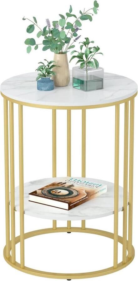 Marmeren Top Bijzettafel Goud: Kleine Cirkel Eindtafels 40 x 54 cm Gesinterd Stenen Nachtkastje met Metalen Gouden Poten Modern Wit Nachtkastje 2 Tier Ronde Sofa Salontafel voor Slaapkamer Woonkamer