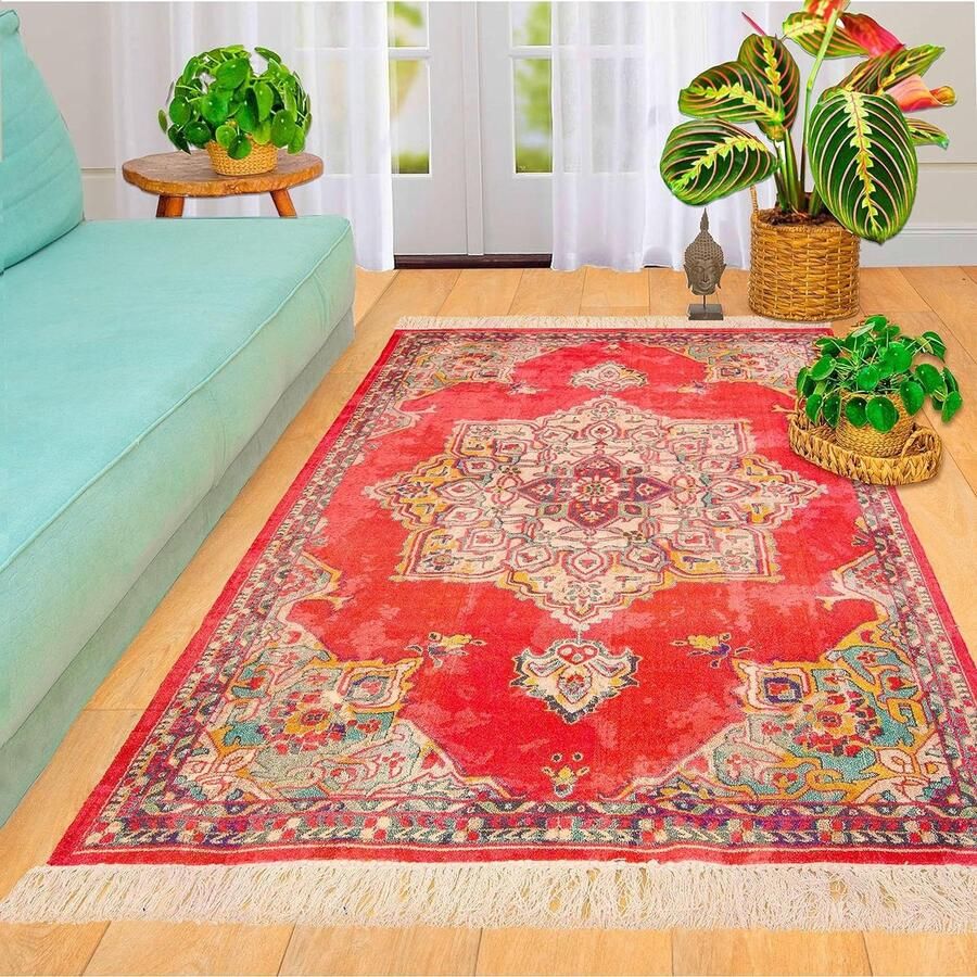 120 x 180 cm modern rood roze vintage karpet met franjes digitale print katoen bohemien tapijt decoratief accent voor woonkamer slaapkamer groot formaat