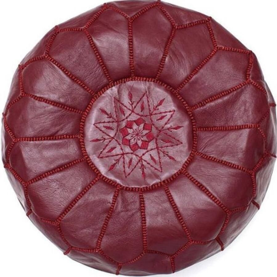 Marokkaanse Leren Poef – Handgemaakt & Gevuld Geleverd– Bordeaux Rood – Ø 45 cm – Traditioneel Geometrisch Patroon – Multifunctionele Voetenbank Bijzettafel