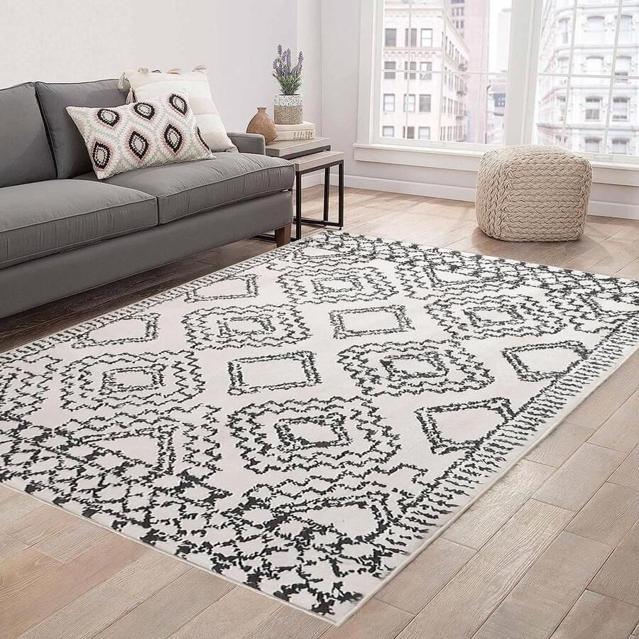Marokkaanse vloerkleden modern abstract tapijt geometrisch tapijt antislip tapijt laagpolig tapijt grote tapijten zacht slaapkamertapijt ivoor zwart 160 x 200 cm