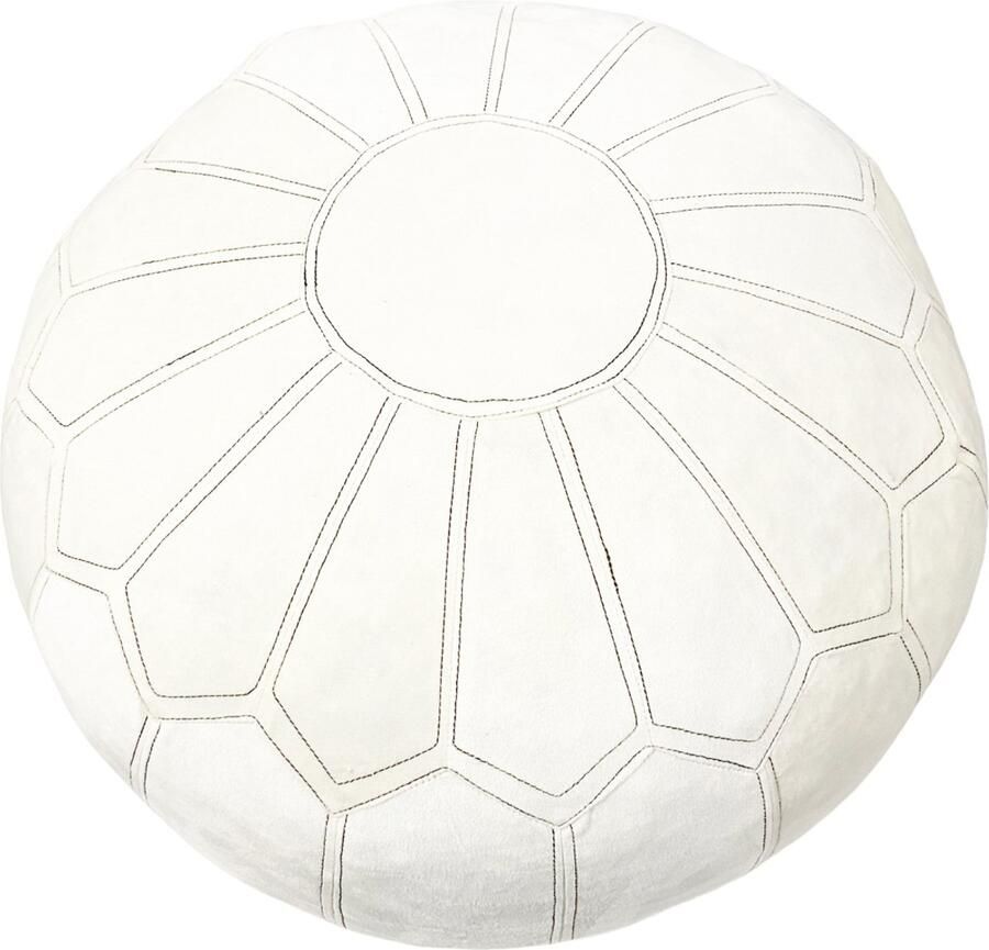 Marokkaanse Zacht Fluwelen Poef – Wit – Ø 50 cm – Oversized Ronde Poef Sidetable – Geborduurd Bloemmotief Bijzettafel