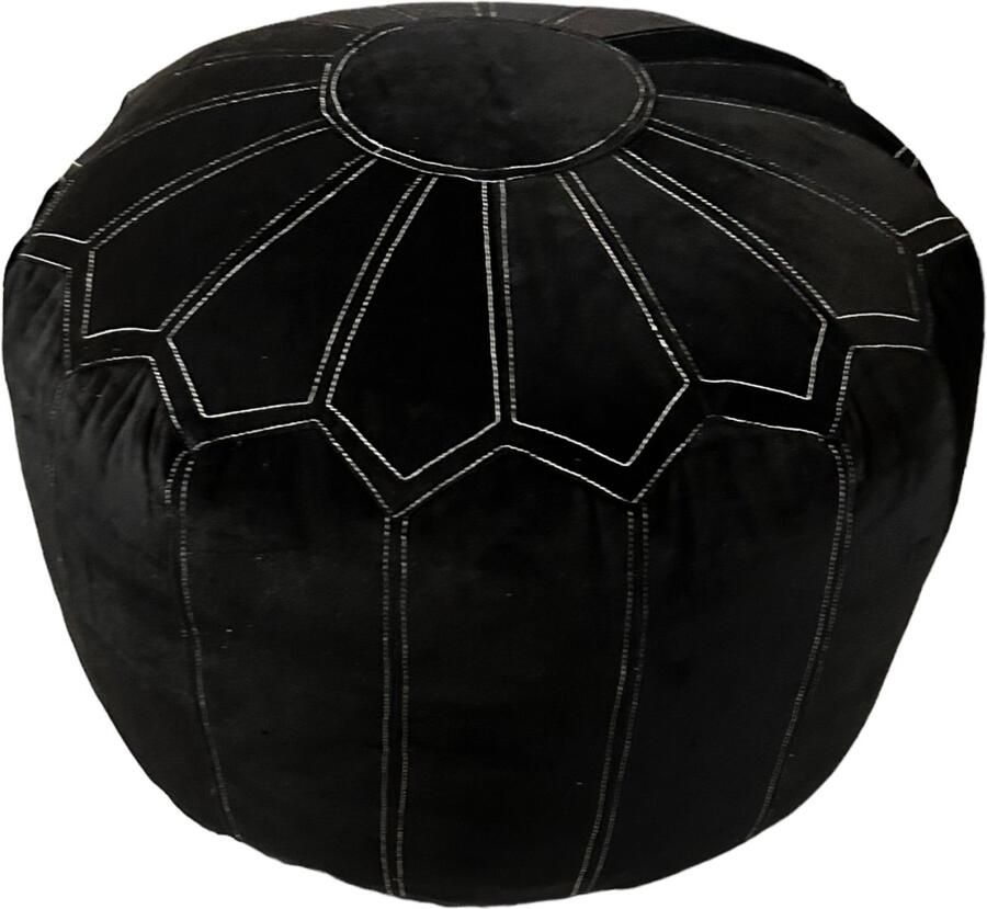 Marokkaanse Zacht Fluwelen Poef – Zwart – Ø 50 cm – Oversized Ronde Poef Sidetable – Geborduurd Bloemmotief Bijzettafel