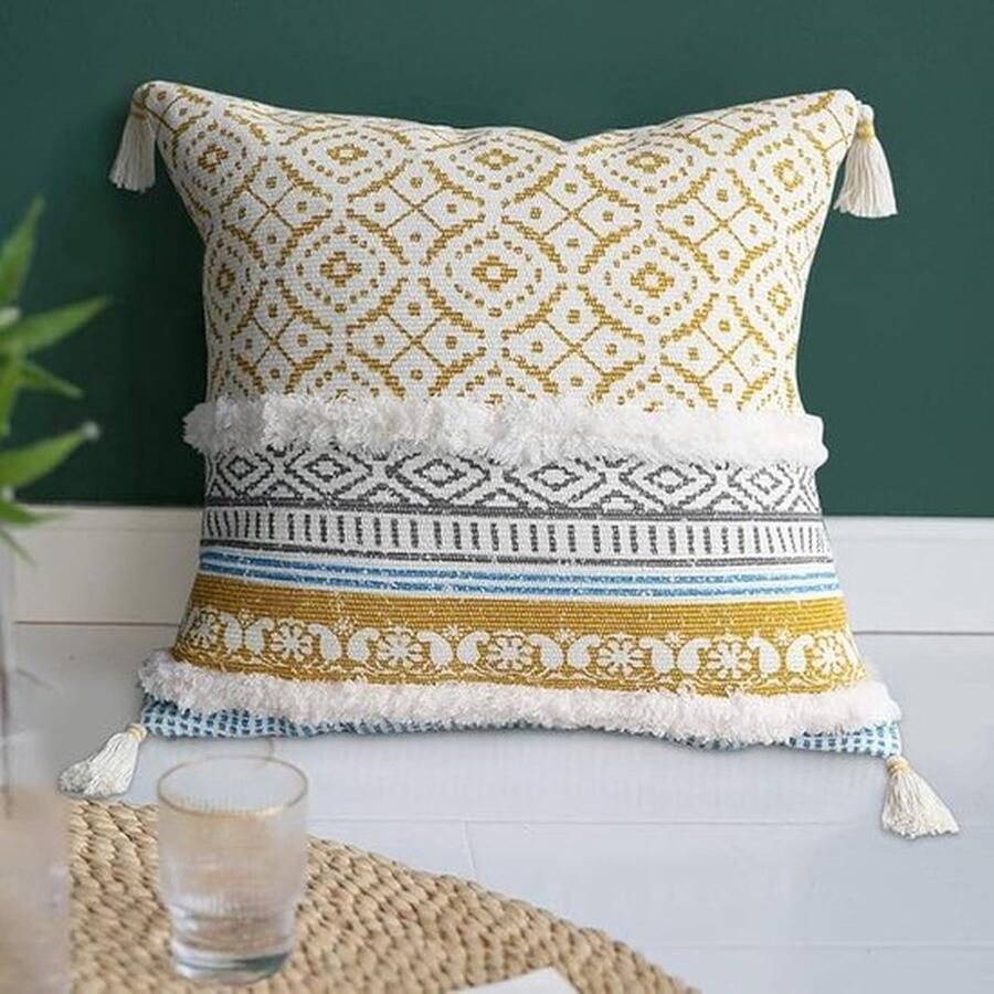 Marokko Getuft Boho Kussenhoezen Decoratieve Kussenslopen Gooi Geweven Kussensloop Bohemian Kussenhoes voor Sofa Bank Auto Slaapkamer Woonkamer (Geel 50x50cm)