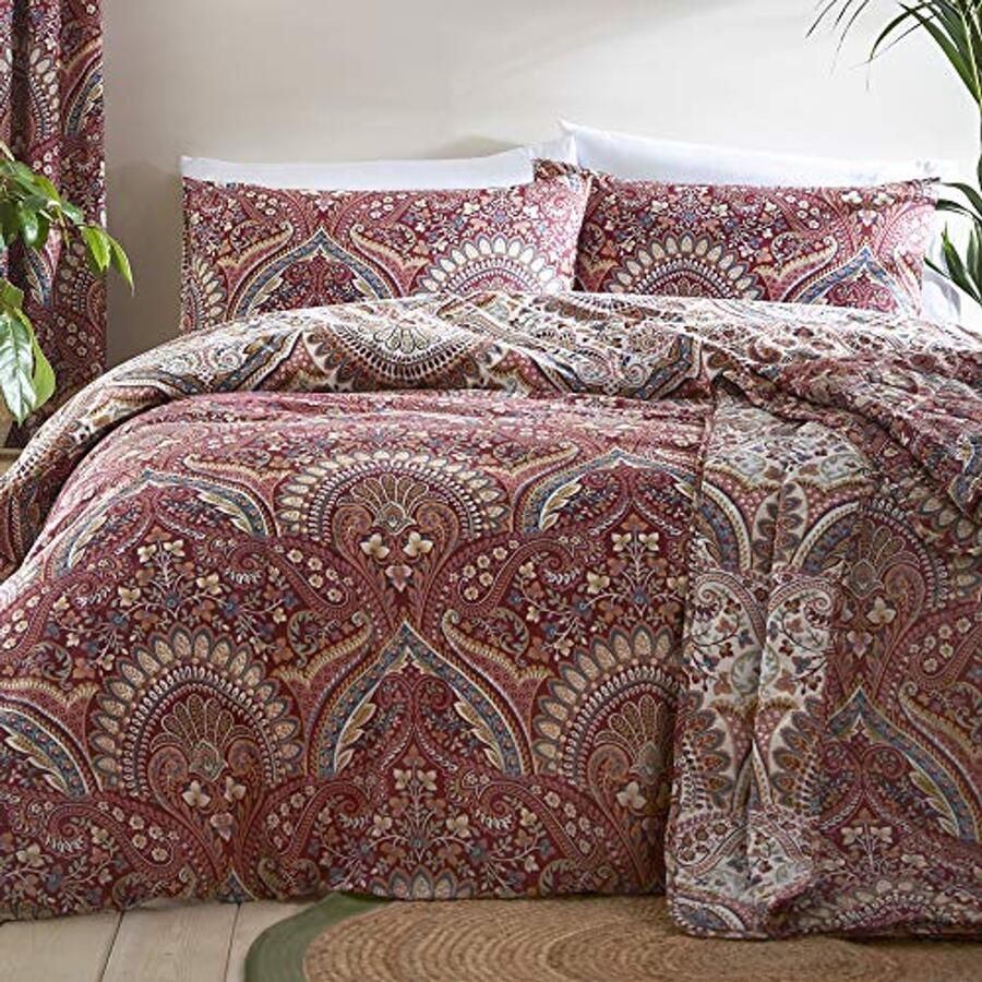 Maroon Jacobean Dekbedovertrek 230 x 220 cm Omkeerbare Bedset voor Kingsize Bed Marokkaans Boheems Design in Rood