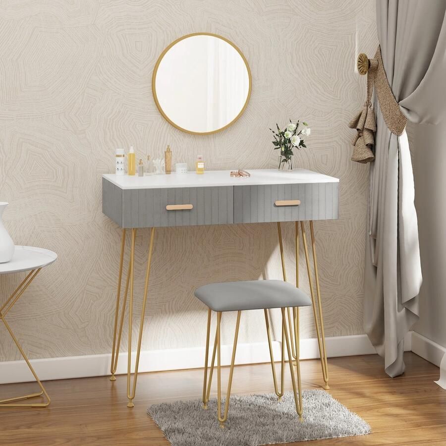MartiCo Moderne Kaptafel Inclusief Kruk Spiegel en Laden Make-Up Tafel voor Slaap Woonkamer Fluweel Grijs