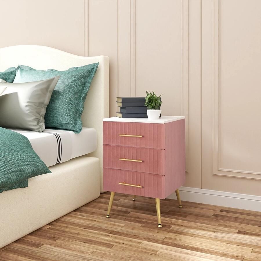 MartiCo Nachtkastjes Met 3 Lades Klein dressoir Commode Nachtkastje Marmer Fluweel Velvet Roze Wit Goud