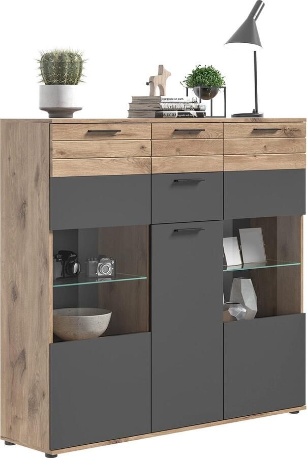 Rootz Living Rootz MASON Dressoir met 3 deuren Glazen voorkast Opbergorganisator Nox eiken afwerking 140 cm x 134 cm x 37 cm Grijs