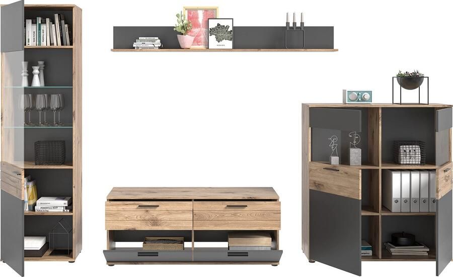 Rootz Living Rootz MASON Lowboard Grijs TV-meubel Buffet Basaltgrijs Front Nox Eiken Body Duurzaam 130cm x 53cm x 44cm