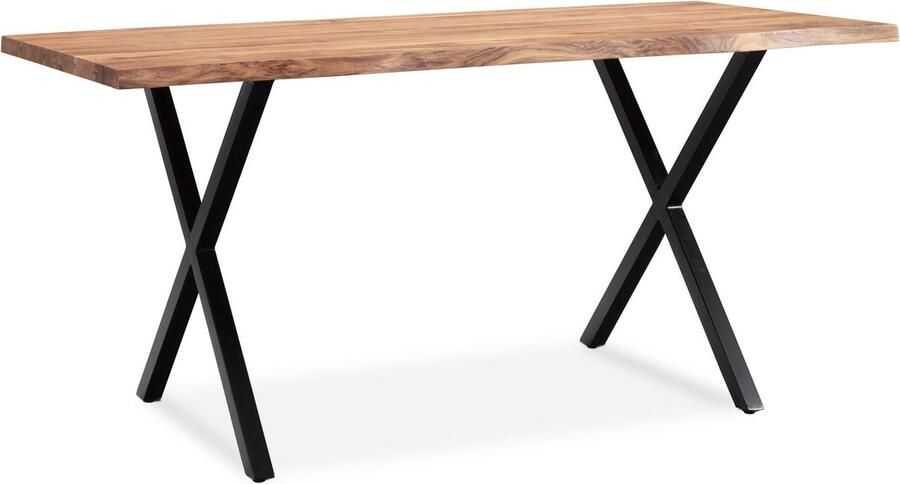 Rootz Living Rootz massief acaciahouten eettafel keukentafel rechthoekige tafel natuurlijke houtnerf uniek boomrandontwerp X-vormige metalen poten 140 cm x 80 cm x 76 cm
