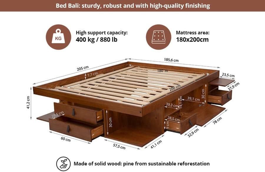 Massief Houten Bed met Opbergruimte 180x200 Praktisch en Functioneel Bed voor Kleine Slaapkamers Lattenbodem en Natuurlijke Eiken Uiterlijk Eenvoudige Montage