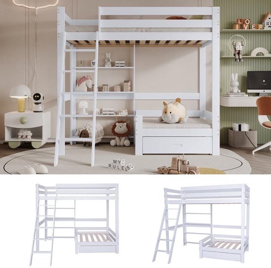 Massief houten bedframe houten bed met lade Hoogslaper met planken en bank kinderbed met vijftraps glijbaan wit 90x200cm