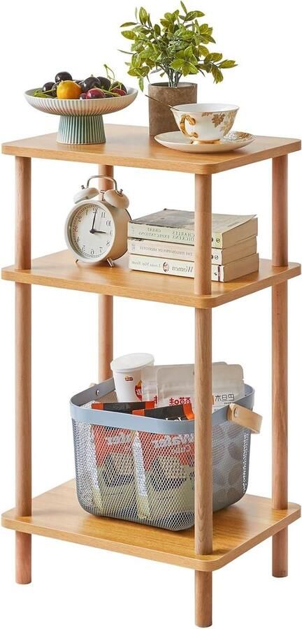 Massief houten bijzettafel 3-laags hoge bijzettafel met opbergplanken nachtkastje voor woonkamer slaapkamer kantoor eenvoudig te monteren natuurlijke uitstraling