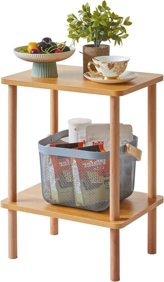 Massief houten bijzettafel met opbergplanken 2-laags nachtkastje voor woonkamer slaapkamer natuurlijke WST002N montage zonder gereedschap nachtkastje zwart 60 cm hoog