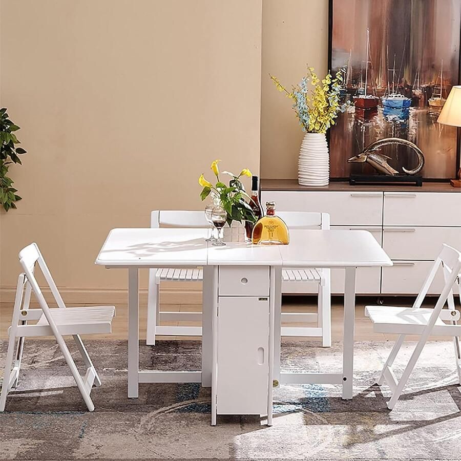 Massief houten boerderij drop leaf eettafel set met wielen 5-delige ruimtebesparende keuken eiland met lade en stoelen perfect voor kleine ruimtes