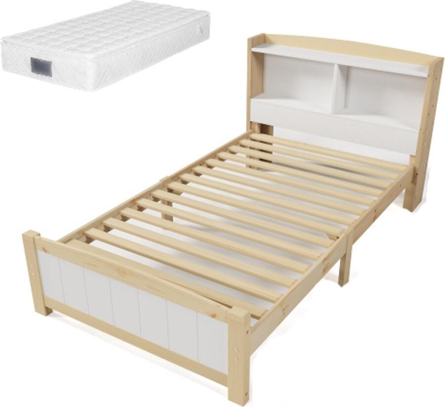 Zonder merk Gotagee Massief Houten Eenpersoonsbed 90x200 cm Opbergruimte Hoofdeinde Bedframe Met Lattenbodem Houten Bed Met Hoofdeinde Kinderbed Jeugd Bed Vuren Massief Natuurlijk en Wit (Met Matras)