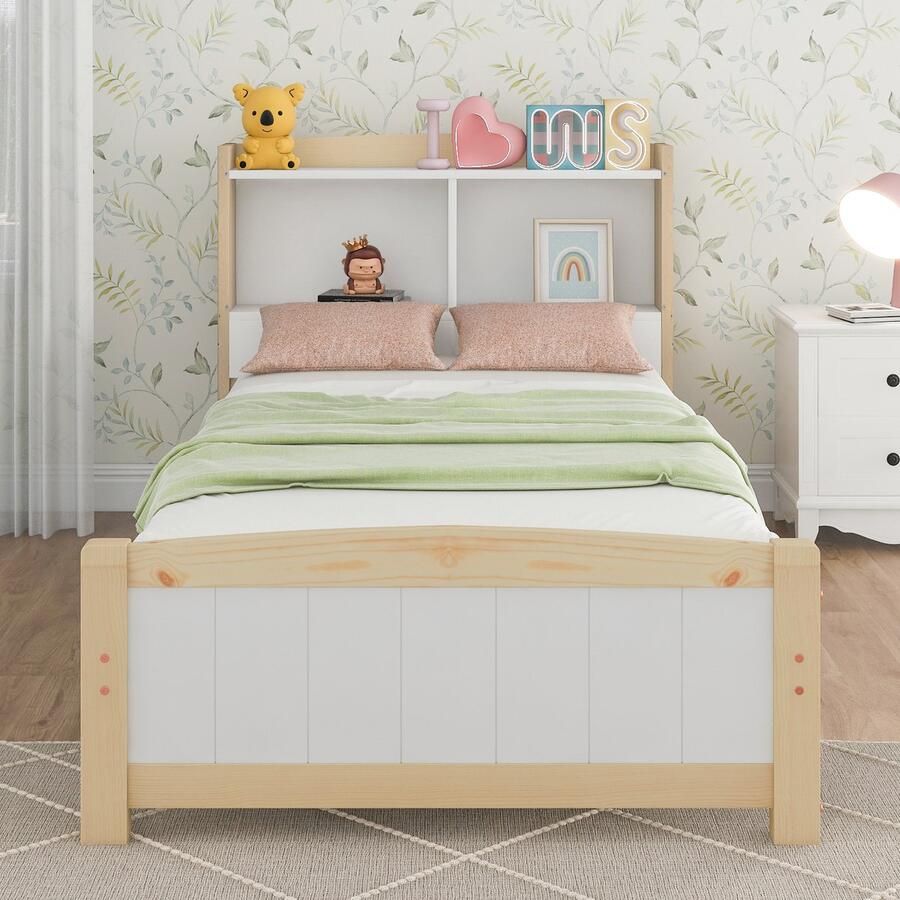 Massief Houten Eenpersoonsbed met Opberg Hoofdeinde 90x200 cm Bedframe met Lattenbodem Houten Bed met Hoofdeinde Kinderbed Tienerbed Grenen Massief Natuur & Wit (Zonder Matras en Lades)