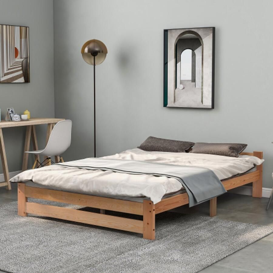 Massief houten futonbed Massief houten naturel bed met hoofdbord en lattenbodem naturel (200x140cm)