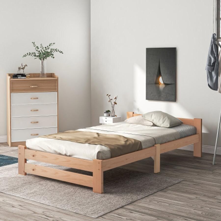 Massief houten futonbed Massief houten naturel bed met hoofdbord en lattenbodem naturel (200x90cm)