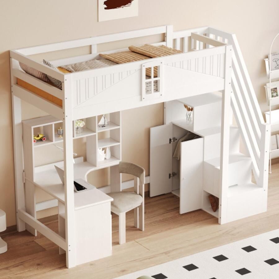 Massief houten hoogslaper 90 x 200 cm unieke veiligheidsdeur met raam veiligheidsladder met opbergruimte aan de zijkant links en rechts Vervangbaar multifunctioneel bed wit