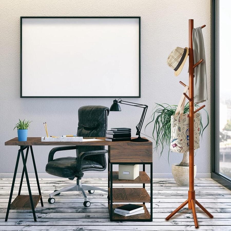 Massief houten kapstok boomvorm 8 haken kledingrek op voet opbergplank voor jassen hoeden bruin RF-1195