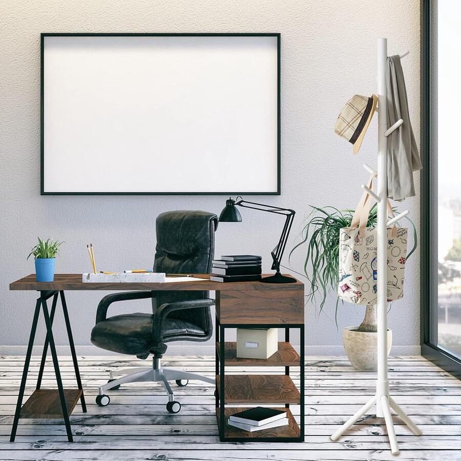 Massief houten kapstok boomvorm 8 haken wit geschikt voor jassen en hoeden