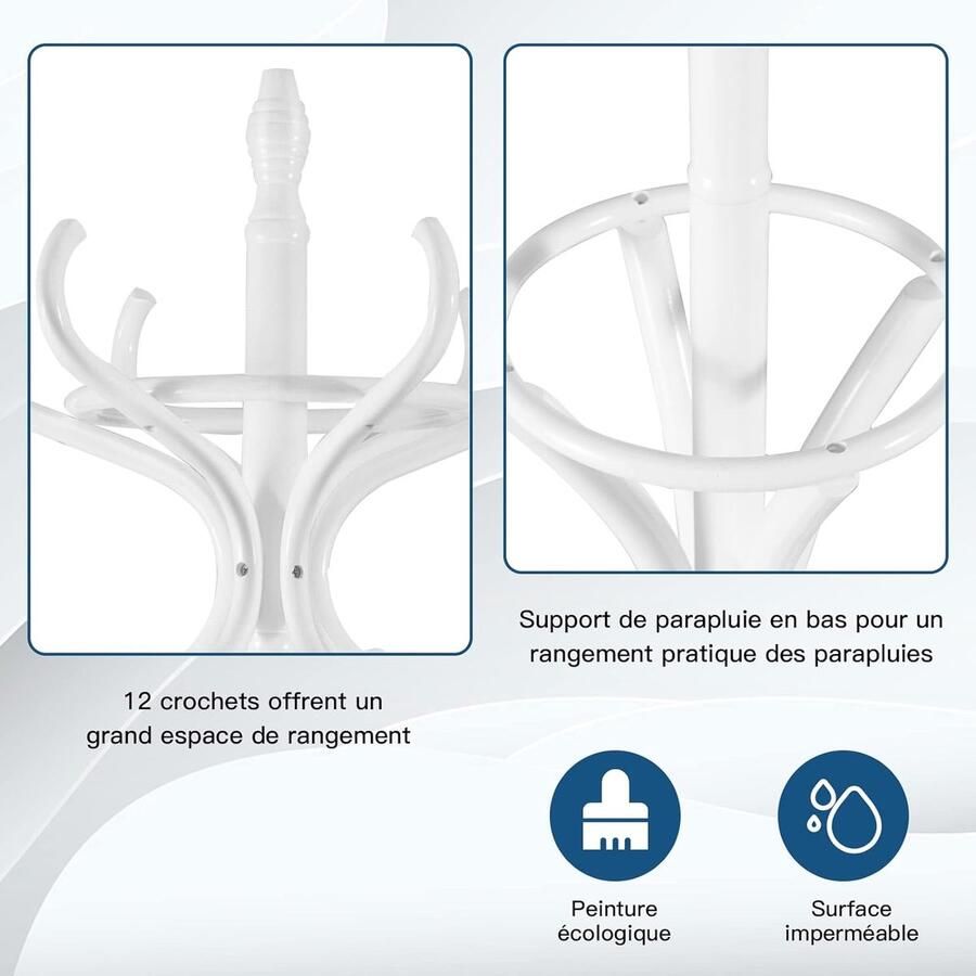 Massief houten kapstok op een voetstuk met 12 haken papegaai kapstok met holle parapluhouder voor de ingang slaapkamer kleedkamer kantoor 51 x 51 x 184 cm (wit)