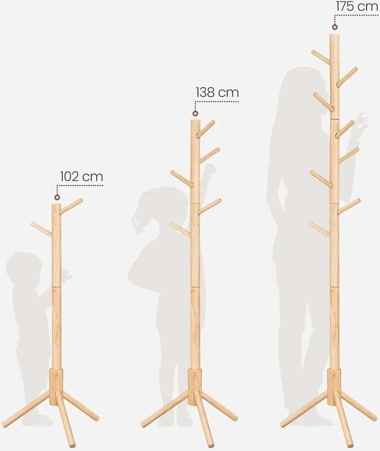 NELLA Massief Houten Kapstok Vrijstaand 8 Haken 47×47×175 cm Natuurlijk Design met Driepoot